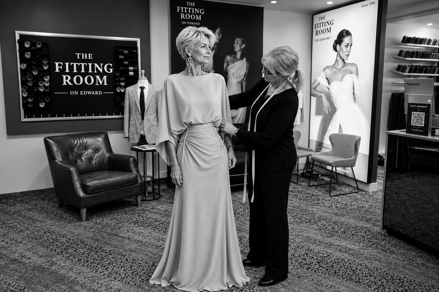 A woman in a lavender floor-length gown stands while another woman in a black outfit measures her at a fitting counter inside a boutique. The background features 'The fitting room' branding, a leather armchair, and display screens.