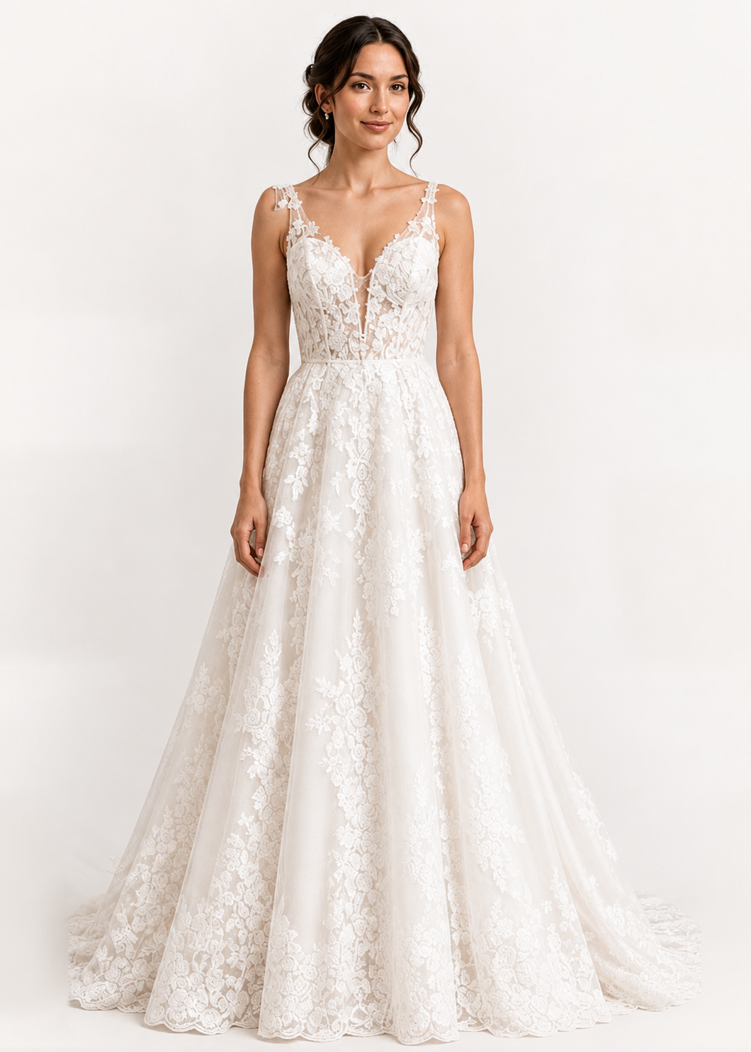 Bride wearing a fitted lace A-line wedding gown