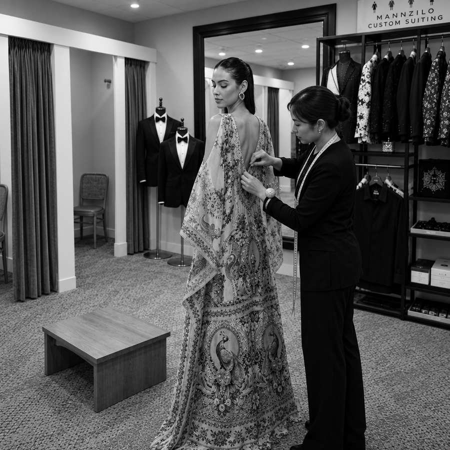 A model wearing a colorful, heavily embroidered traditional dress is having her back and shoulder straps adjusted by a female tailor inside a custom suit fitting room. The room features fitting stalls with brown curtains, mannequins wearing black tuxedos, and a clothing rack on the right with a sign that reads 'MANNZILO CUSTOM SUITING'.