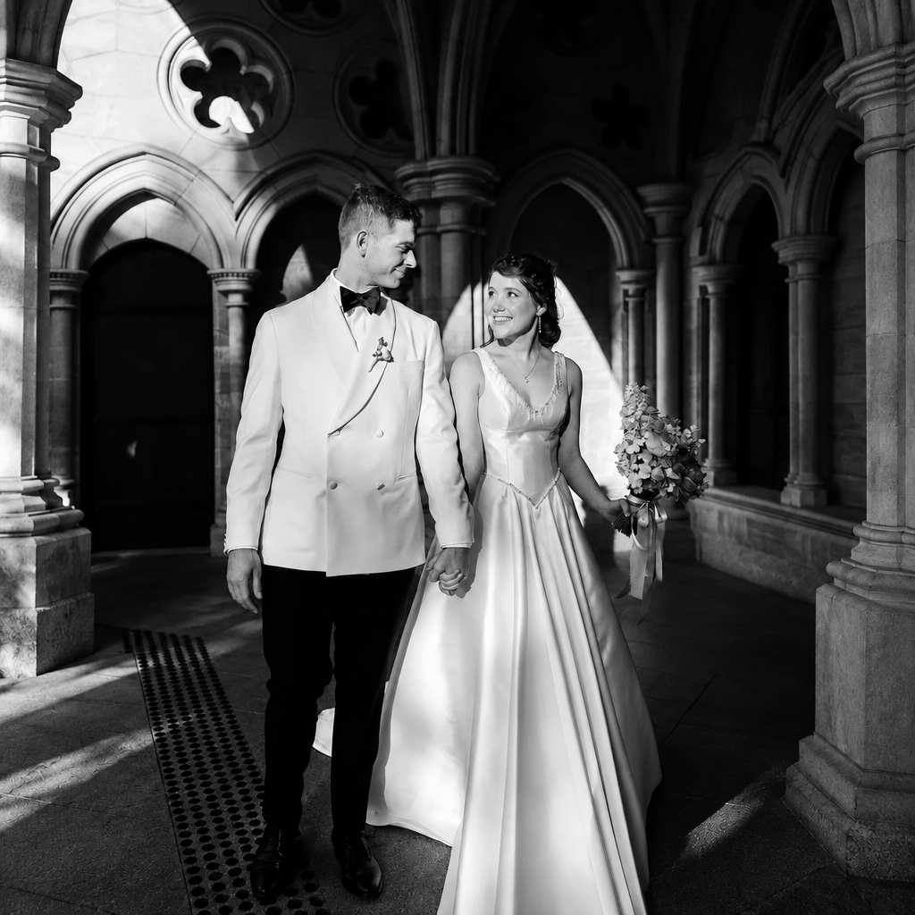 A bride in a sleeveless white wedding gown and a groom in a white double-breasted suit with a black bow tie walk hand-in-hand through a sunlit stone arcade.